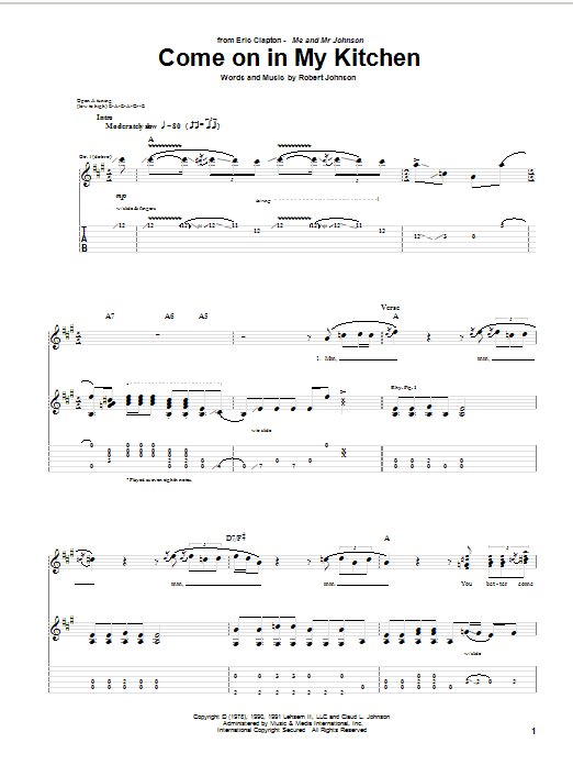Eric Clapton Come On In My Kitchen sheet music notes and chords arranged for Guitar Tab