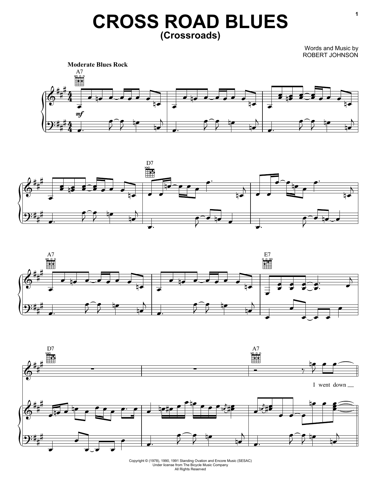 Eric Clapton Cross Road Blues (Crossroads) sheet music notes and chords arranged for Piano, Vocal & Guitar Chords (Right-Hand Melody)