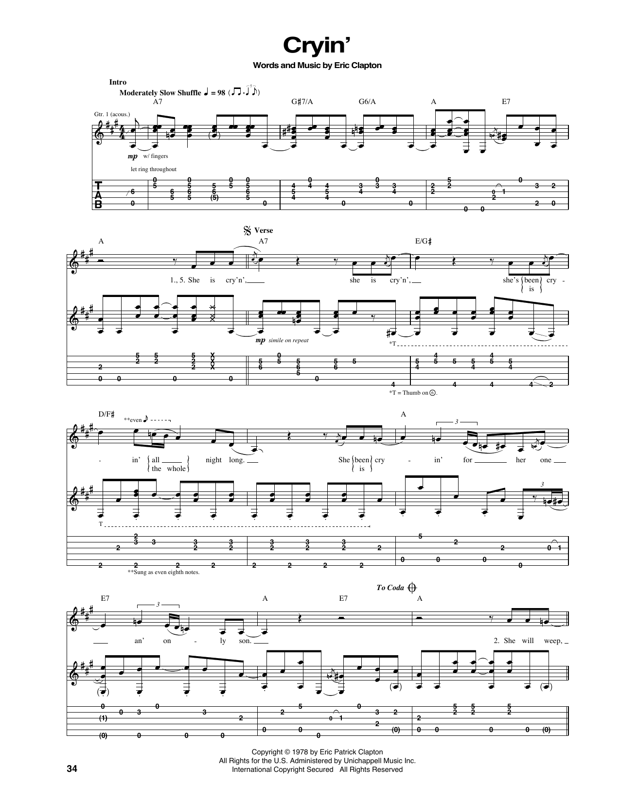 Eric Clapton Cryin' sheet music notes and chords arranged for Guitar Tab