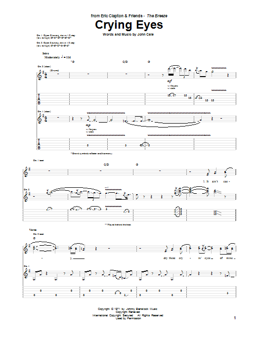 Eric Clapton Crying Eyes sheet music notes and chords arranged for Guitar Tab