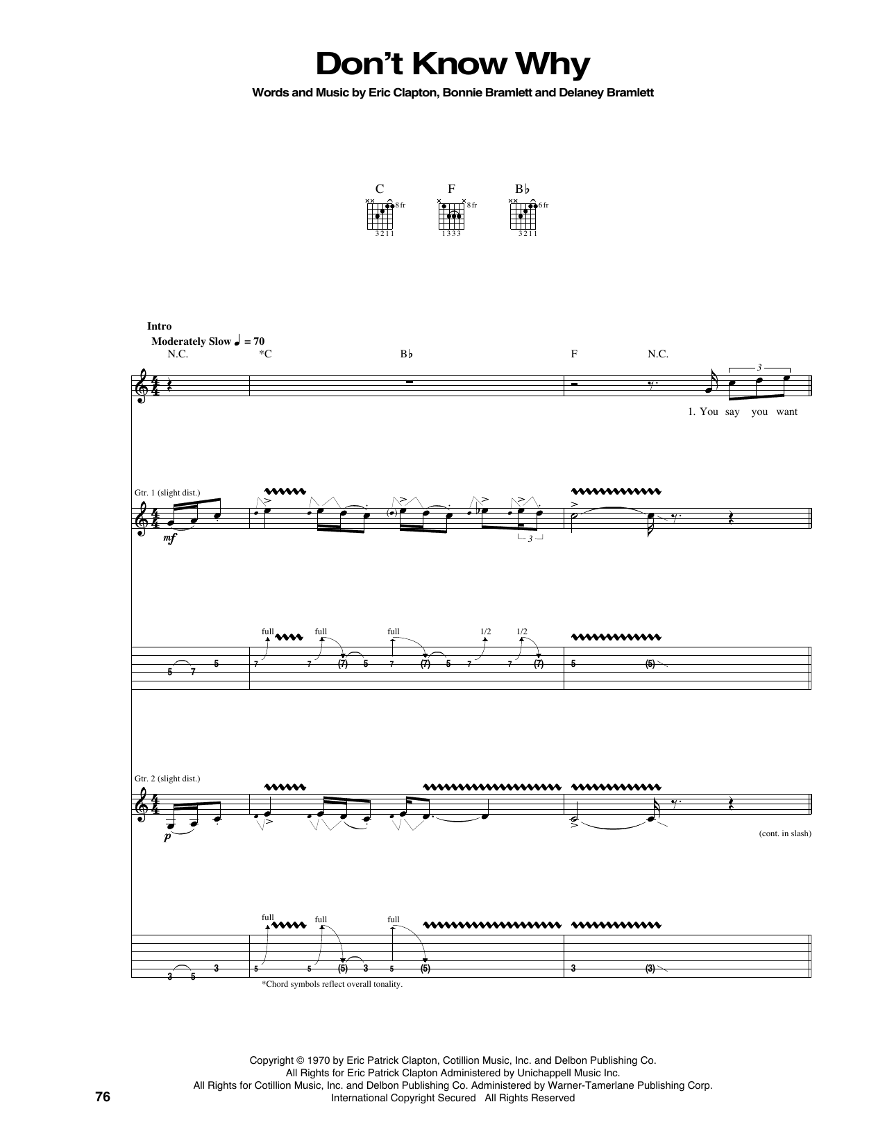 Eric Clapton Don't Know Why sheet music notes and chords arranged for Guitar Tab