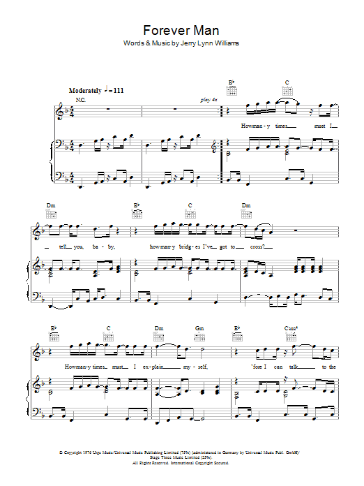 Eric Clapton Forever Man sheet music notes and chords arranged for Piano, Vocal & Guitar Chords