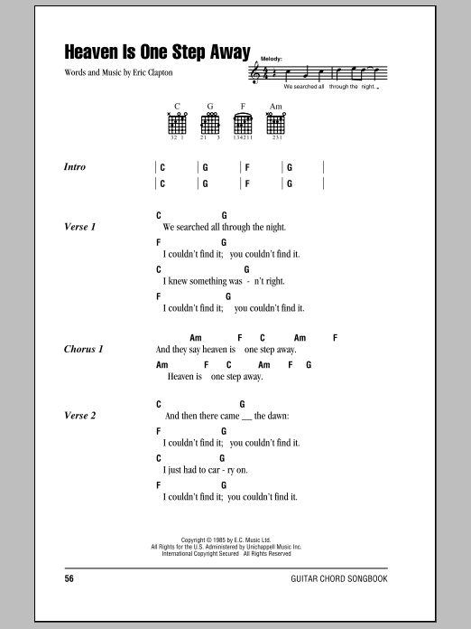 Eric Clapton Heaven Is One Step Away sheet music notes and chords arranged for Guitar Chords/Lyrics
