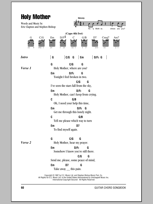 Eric Clapton Holy Mother sheet music notes and chords arranged for Guitar Chords/Lyrics