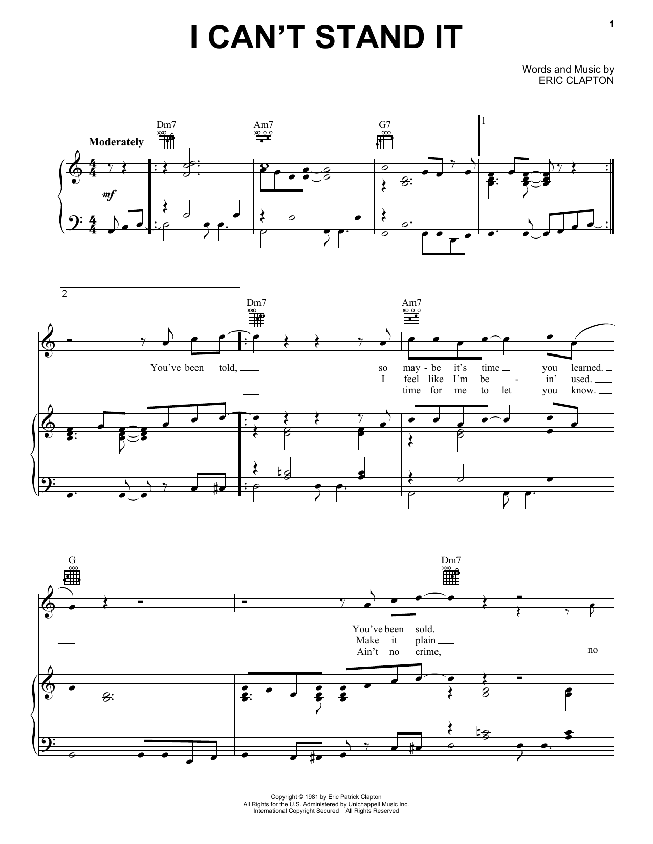 Eric Clapton I Can't Stand It sheet music notes and chords arranged for Piano, Vocal & Guitar Chords (Right-Hand Melody)