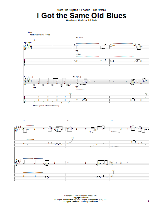 Eric Clapton I Got The Same Old Blues sheet music notes and chords arranged for Guitar Tab