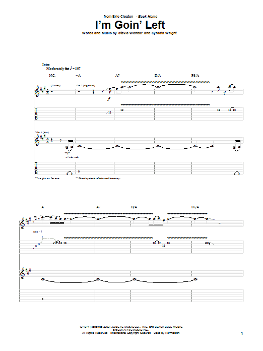 Eric Clapton I'm Goin' Left sheet music notes and chords arranged for Guitar Tab