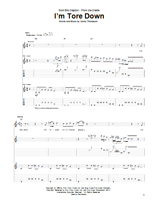 Eric Clapton I'm Tore Down sheet music notes and chords arranged for Guitar Tab (Single Guitar)