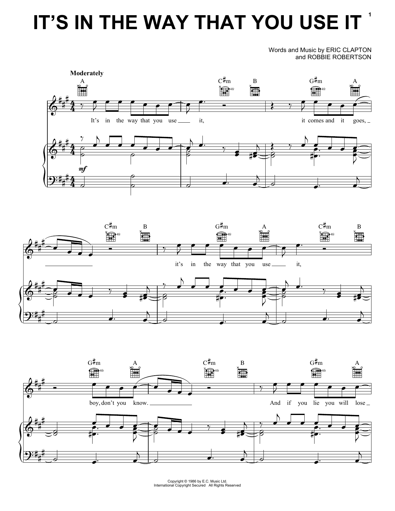 Eric Clapton It's In The Way That You Use It sheet music notes and chords arranged for Piano, Vocal & Guitar Chords (Right-Hand Melody)