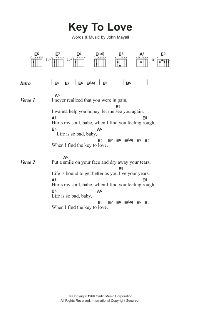 John Mayall's Bluesbreakers with Eric Clapton Key To Love sheet music notes and chords arranged for Guitar Chords/Lyrics