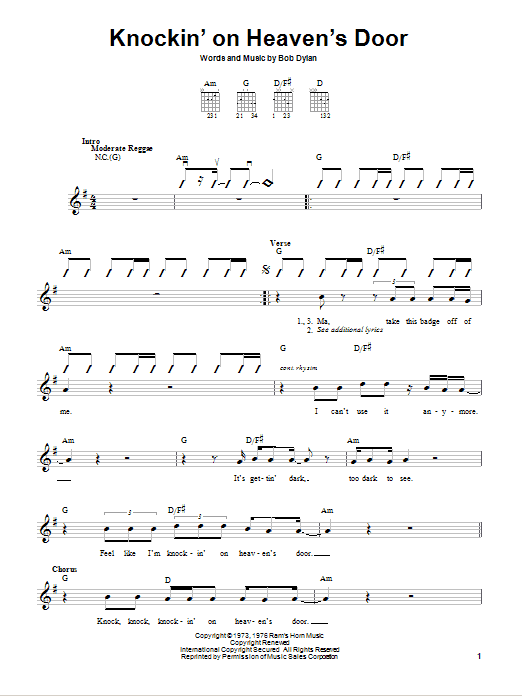 Eric Clapton Knockin' On Heaven's Door sheet music notes and chords arranged for Guitar Chords/Lyrics