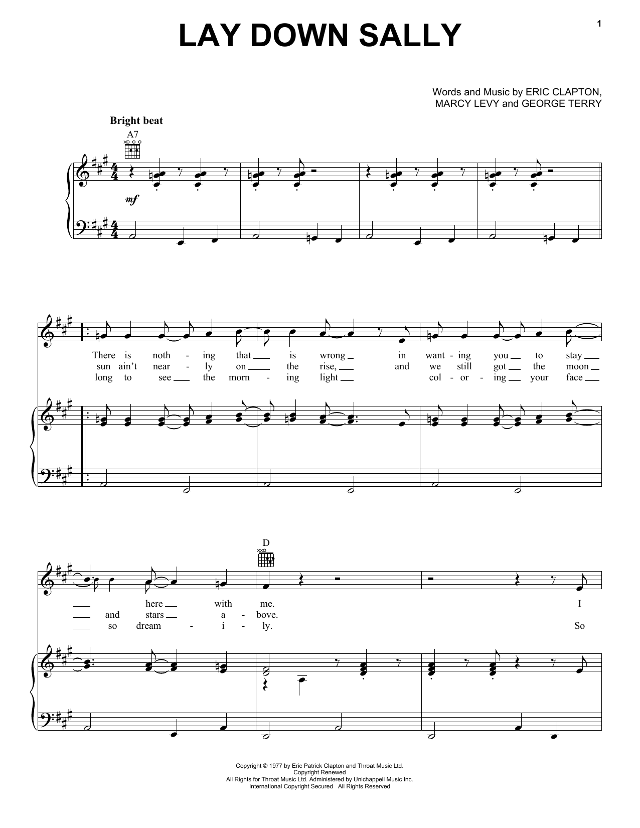 Eric Clapton Lay Down Sally sheet music notes and chords arranged for Alto Sax Solo