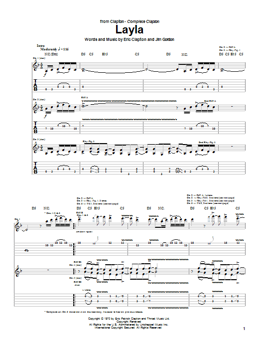 Eric Clapton Layla sheet music notes and chords arranged for Easy Guitar Tab