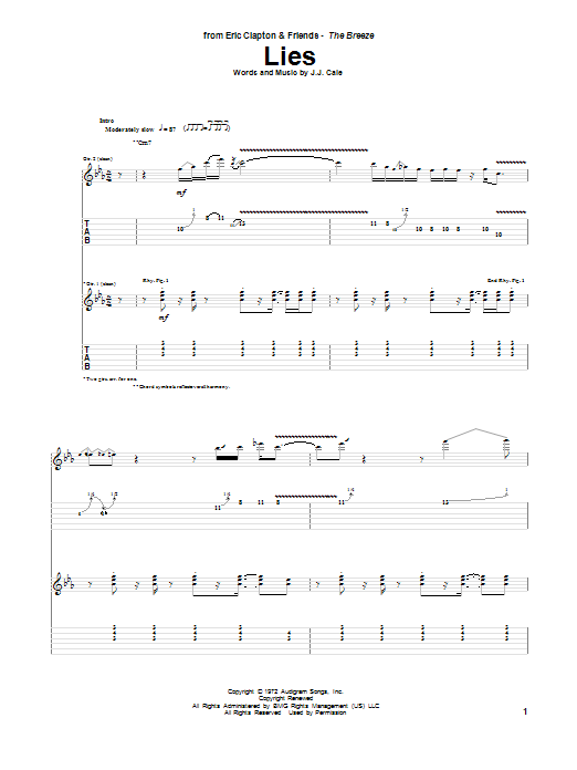 Eric Clapton Lies sheet music notes and chords arranged for Guitar Tab