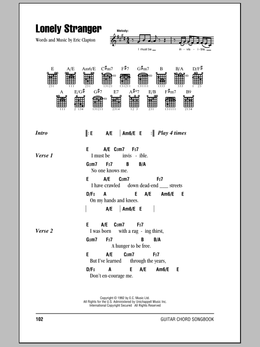 Eric Clapton Lonely Stranger sheet music notes and chords arranged for Guitar Chords/Lyrics