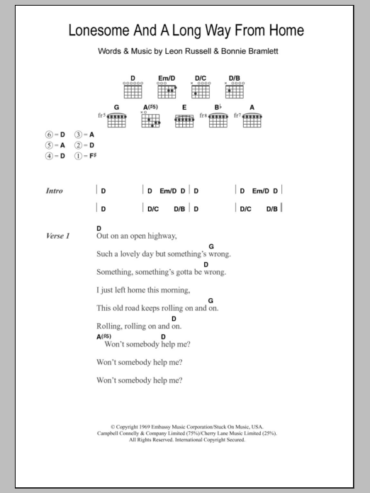Eric Clapton Lonesome And A Long Way From Home sheet music notes and chords arranged for Guitar Chords/Lyrics