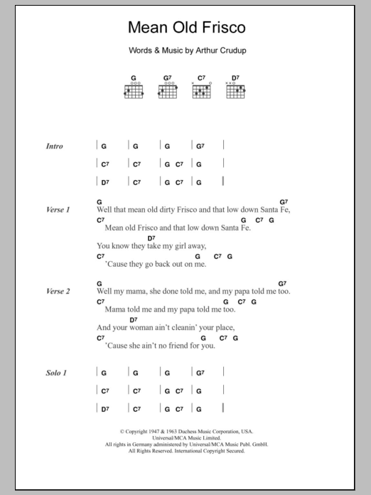 Eric Clapton Mean Old Frisco sheet music notes and chords arranged for Guitar Chords/Lyrics