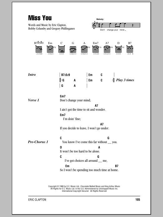 Eric Clapton Miss You sheet music notes and chords arranged for Guitar Chords/Lyrics