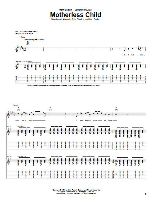 Eric Clapton Motherless Child sheet music notes and chords arranged for Piano, Vocal & Guitar Chords (Right-Hand Melody)