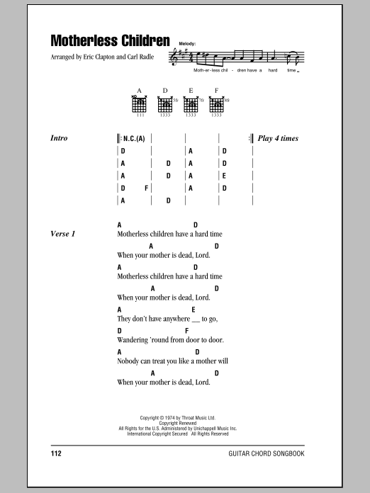 Eric Clapton Motherless Children sheet music notes and chords arranged for Guitar Chords/Lyrics