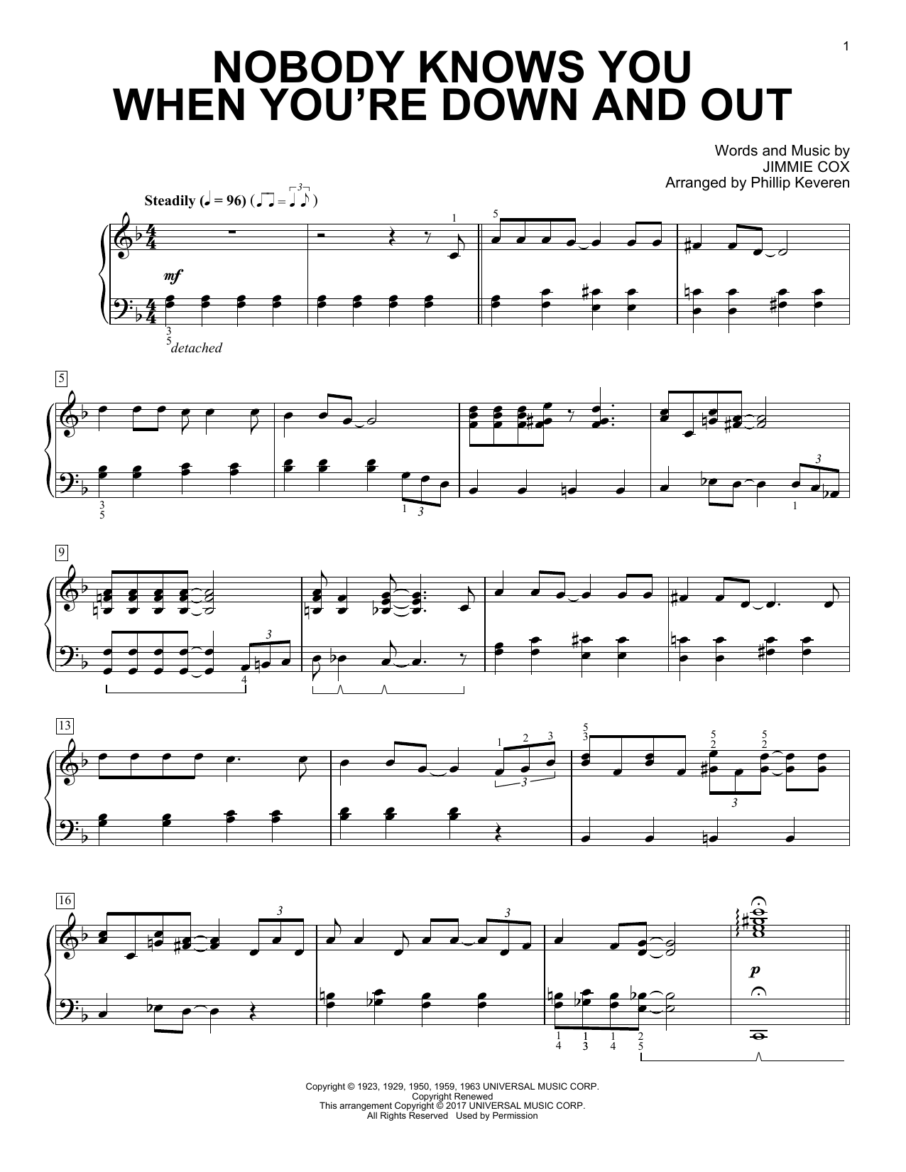 Eric Clapton Nobody Knows You When You're Down And Out (arr. Phillip Keveren) sheet music notes and chords arranged for Piano Solo
