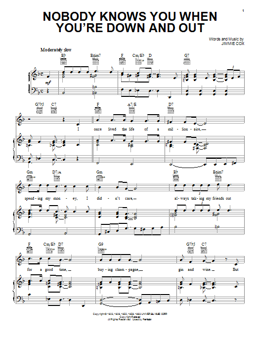 Eric Clapton Nobody Knows You When You're Down And Out sheet music notes and chords arranged for Guitar Chords/Lyrics