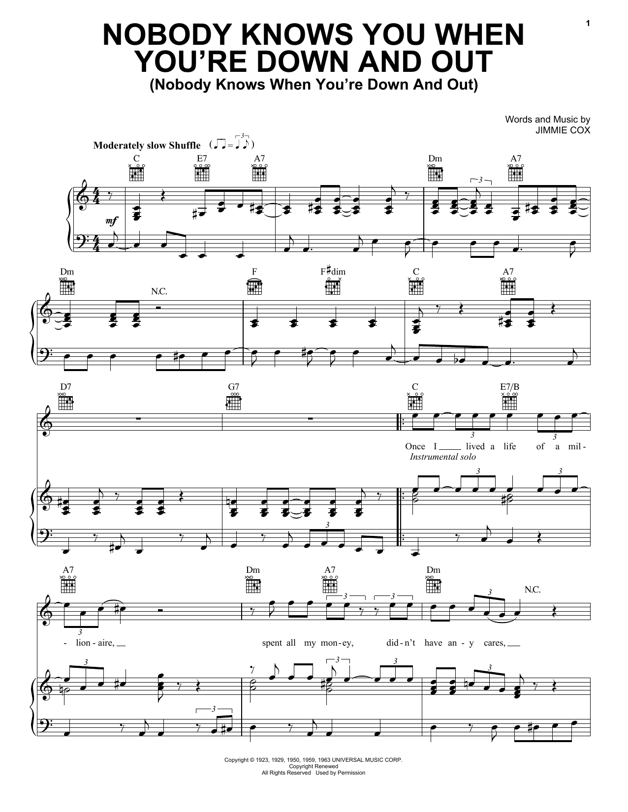 Eric Clapton Nobody Knows You When You're Down And Out (Nobody Knows When You're Down And Out) sheet music notes and chords arranged for Real Book – Melody & Chords