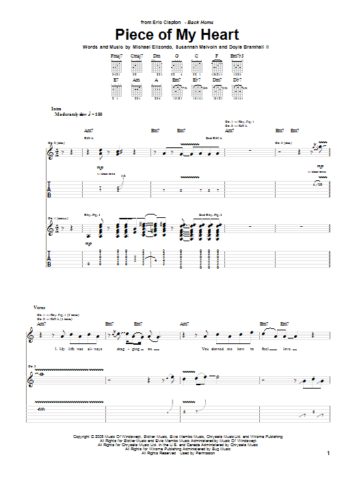 Eric Clapton Piece Of My Heart sheet music notes and chords arranged for Guitar Tab