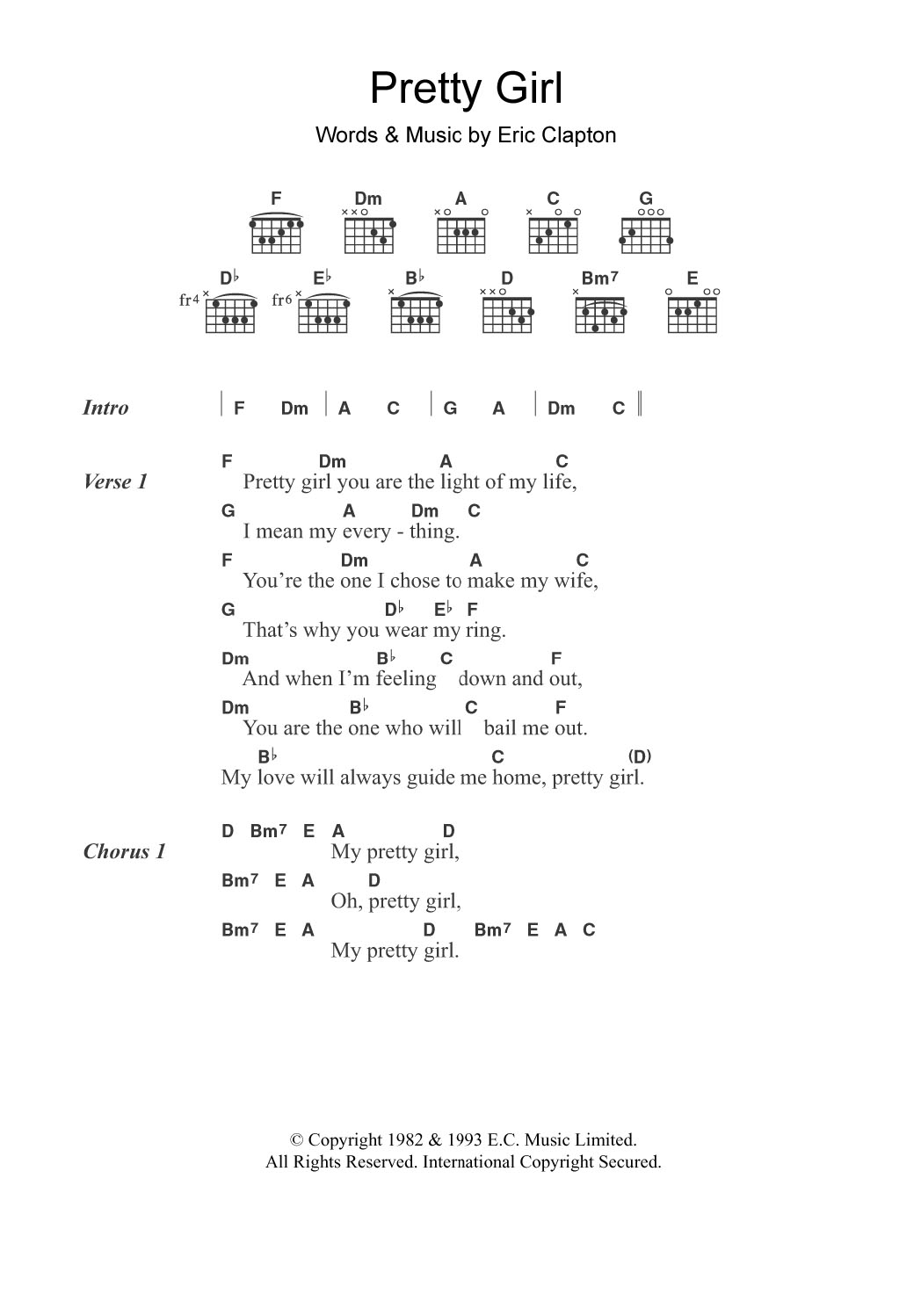 Eric Clapton Pretty Girl sheet music notes and chords arranged for Guitar Chords/Lyrics