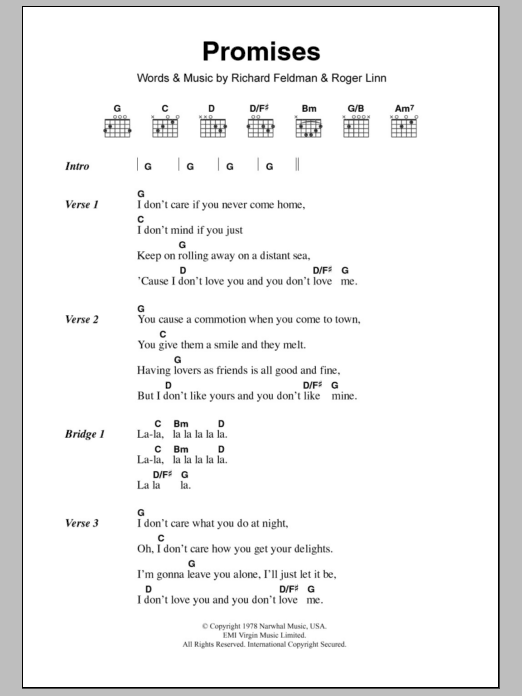 Eric Clapton Promises sheet music notes and chords arranged for Guitar Chords/Lyrics