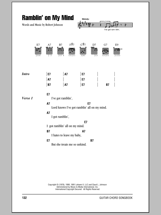 Eric Clapton Ramblin' On My Mind sheet music notes and chords arranged for Guitar Tab