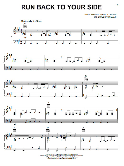 Eric Clapton Run Back To Your Side sheet music notes and chords arranged for Piano, Vocal & Guitar Chords (Right-Hand Melody)