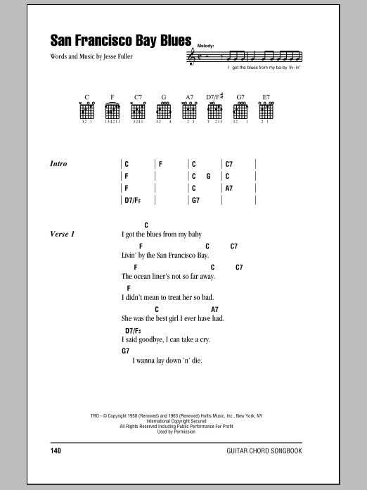 Eric Clapton San Francisco Bay Blues sheet music notes and chords arranged for Piano, Vocal & Guitar Chords (Right-Hand Melody)