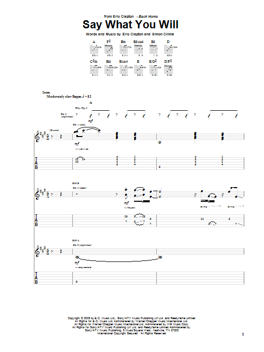 Eric Clapton Say What You Will sheet music notes and chords arranged for Guitar Tab
