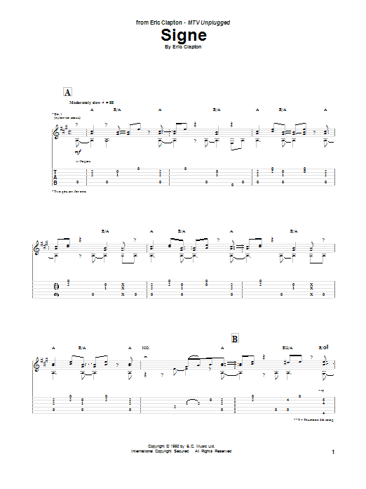 Eric Clapton Signe sheet music notes and chords arranged for Guitar Tab