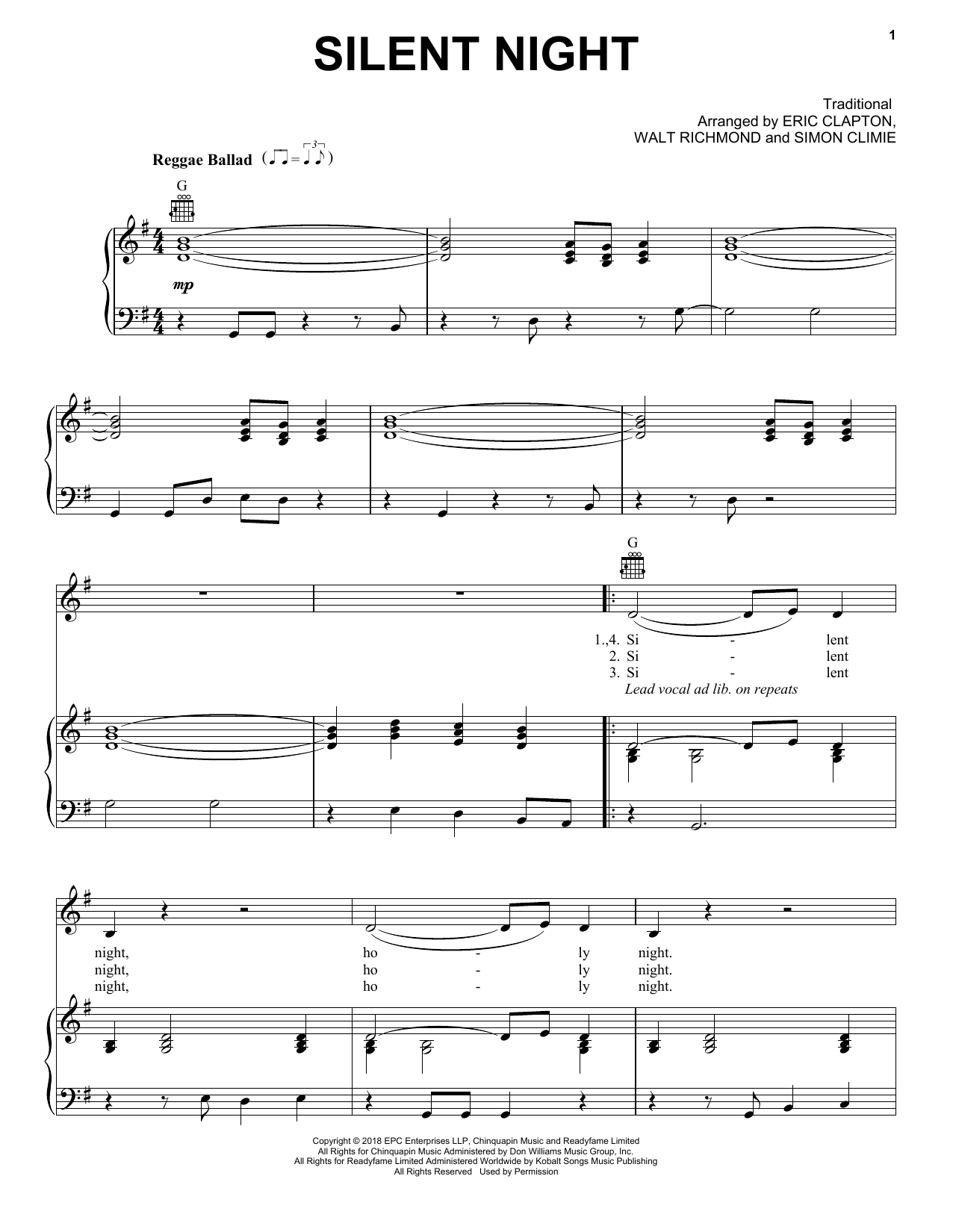 Eric Clapton Silent Night sheet music notes and chords arranged for Piano, Vocal & Guitar Chords (Right-Hand Melody)