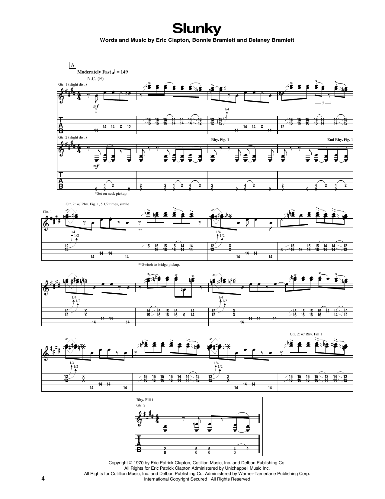 Eric Clapton Slunky sheet music notes and chords arranged for Guitar Tab