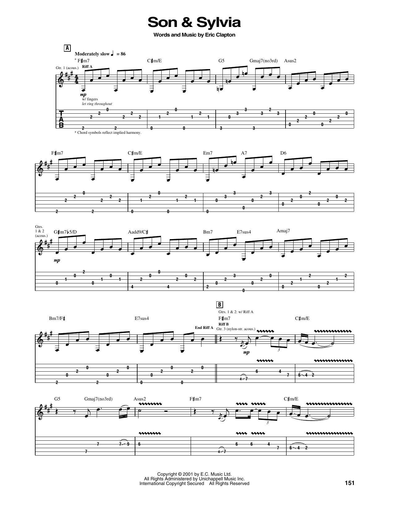 Eric Clapton Son & Sylvia sheet music notes and chords arranged for Guitar Tab