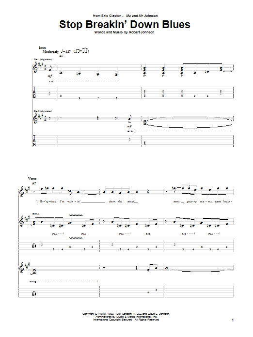 Eric Clapton Stop Breakin' Down Blues sheet music notes and chords arranged for Guitar Tab