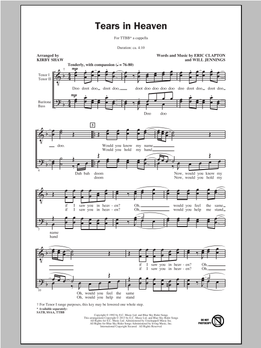 Eric Clapton Tears In Heaven (arr. Kirby Shaw) sheet music notes and chords arranged for TTBB Choir