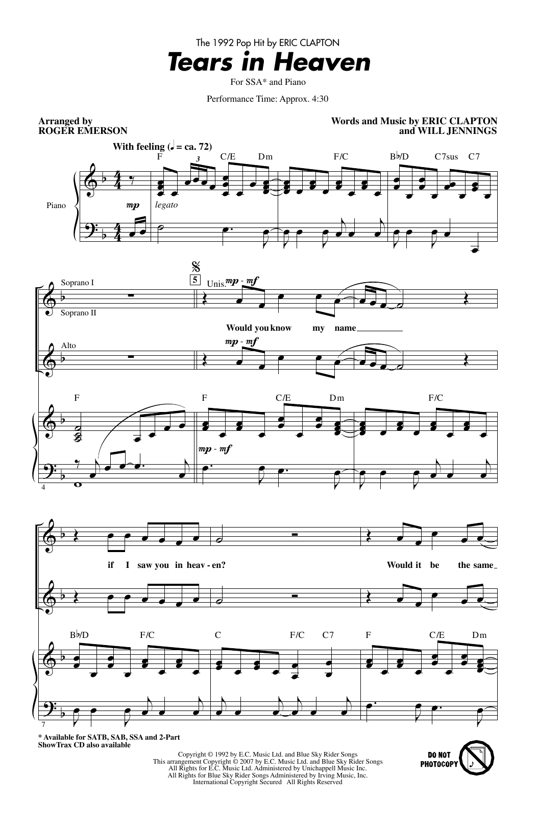 Eric Clapton Tears In Heaven (arr. Roger Emerson) sheet music notes and chords arranged for SSA Choir