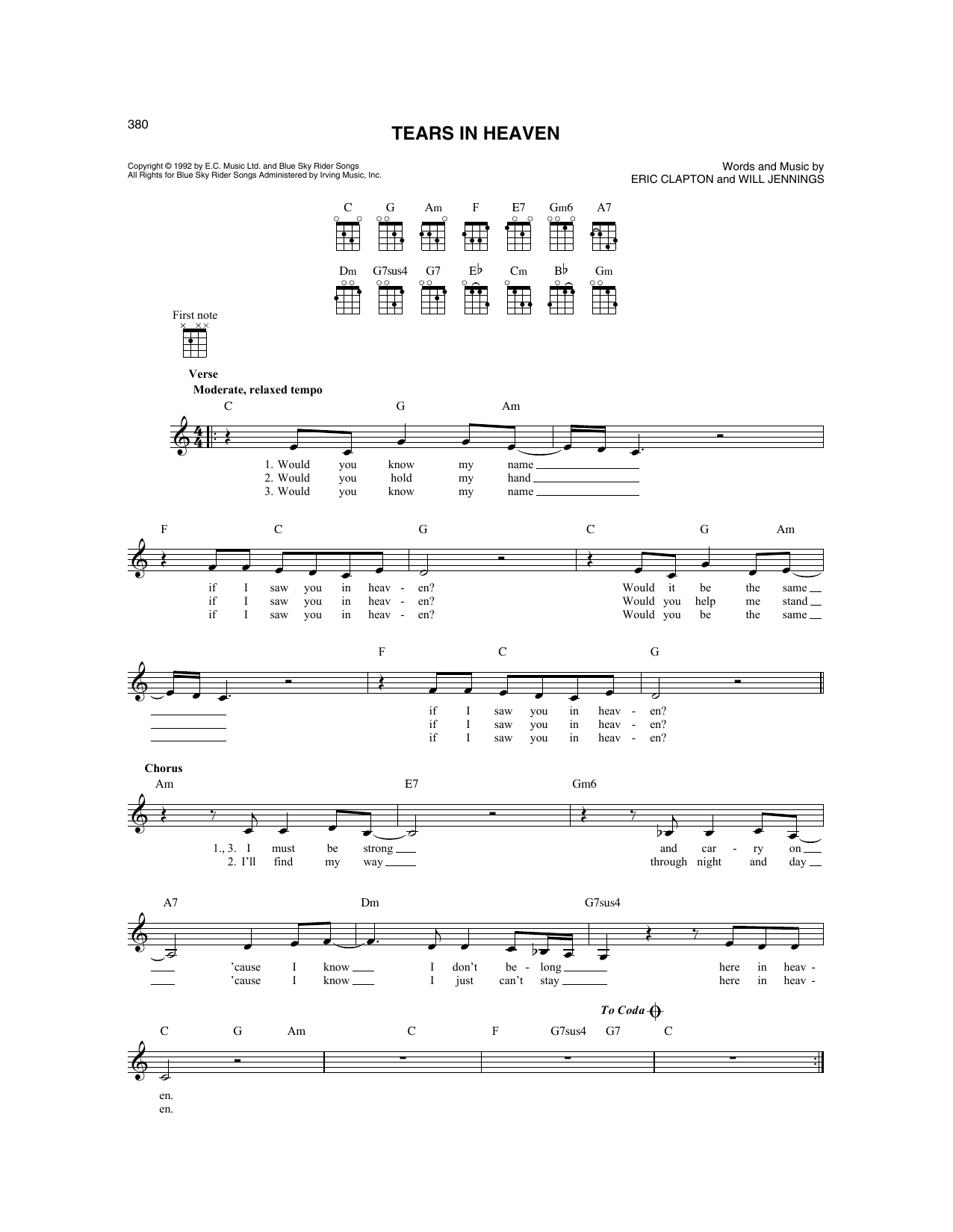 Eric Clapton Tears In Heaven (from Rush) sheet music notes and chords arranged for Mandolin
