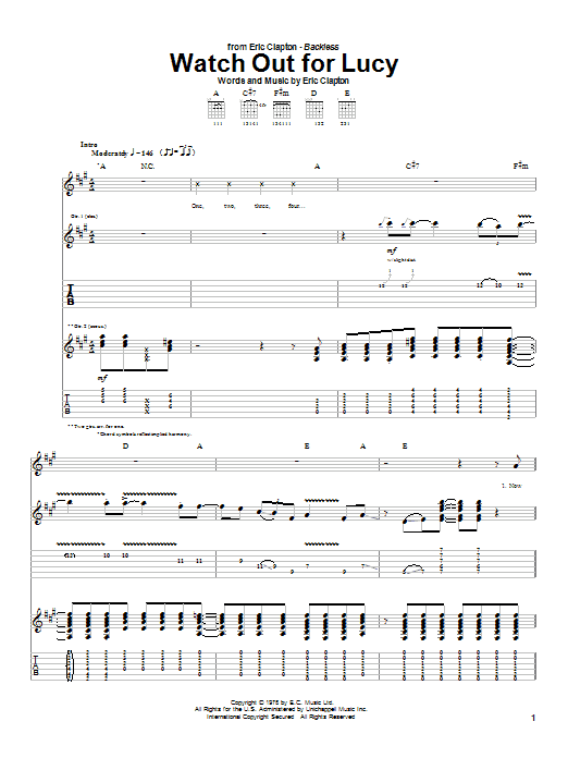 Eric Clapton Watch Out For Lucy sheet music notes and chords arranged for Guitar Tab
