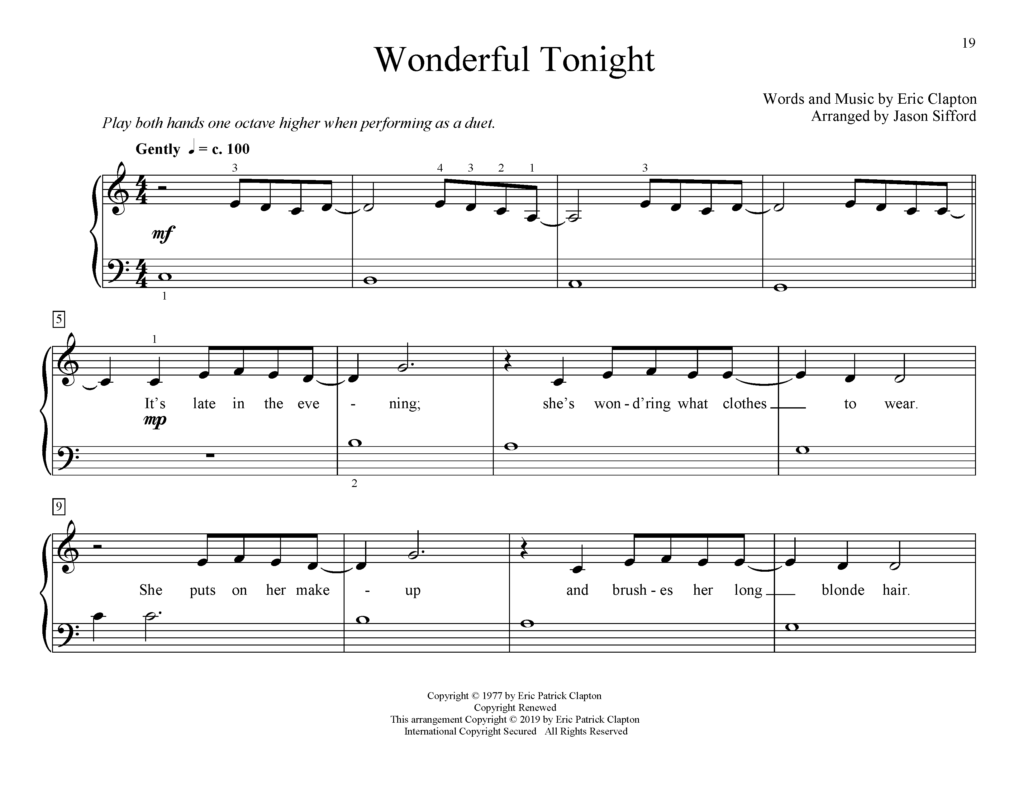 Eric Clapton Wonderful Tonight (arr. Jason Sifford) sheet music notes and chords arranged for Educational Piano