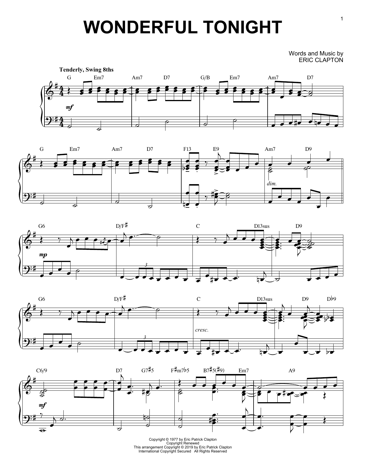 Eric Clapton Wonderful Tonight [Jazz version] sheet music notes and chords arranged for Piano Solo