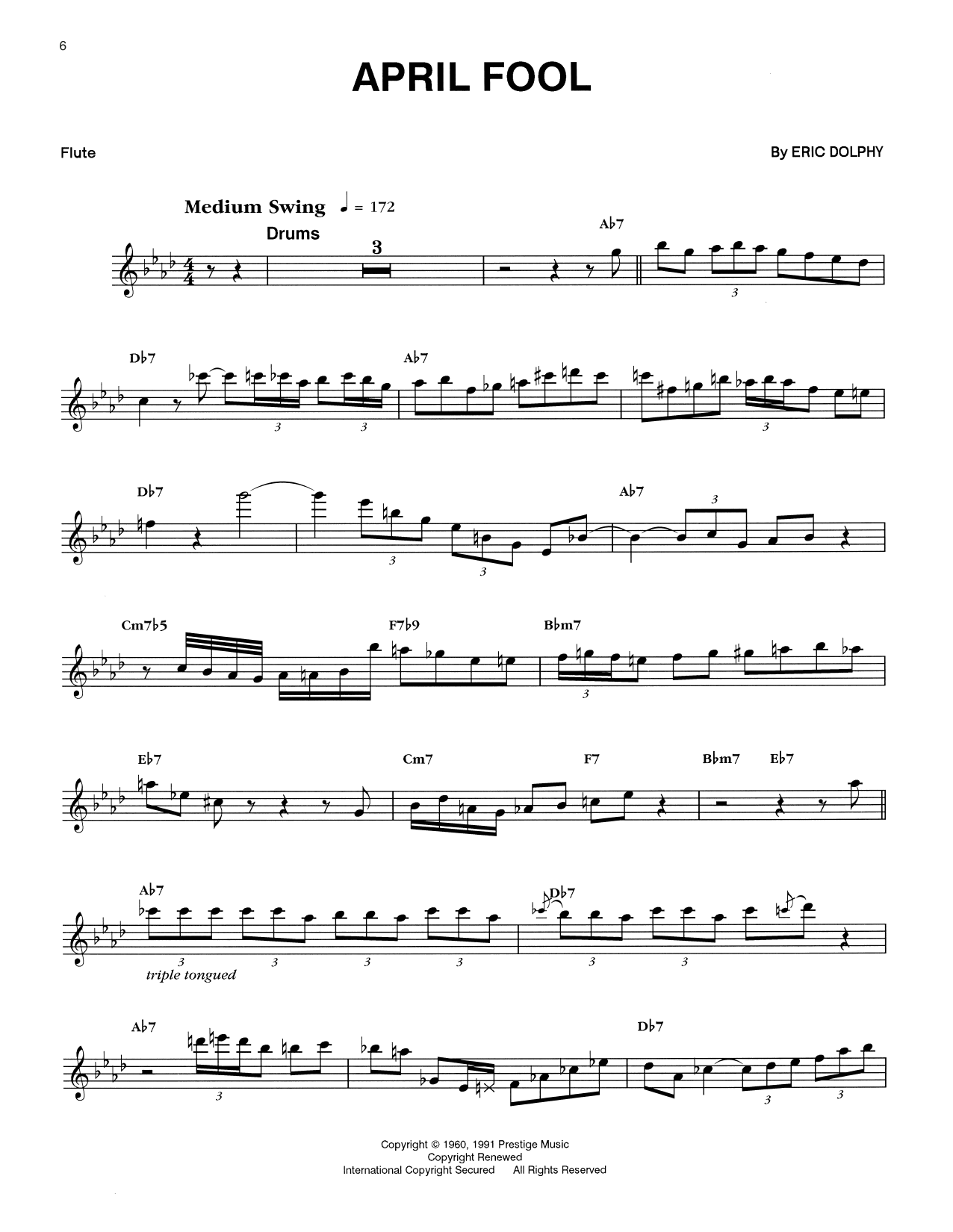 Eric Dolphy April Fool sheet music notes and chords arranged for Flute Transcription
