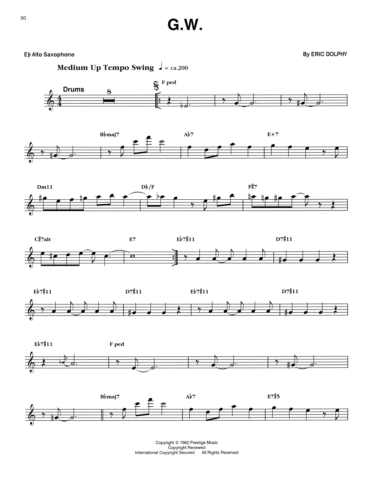 Eric Dolphy G.W. sheet music notes and chords arranged for Alto Sax Transcription
