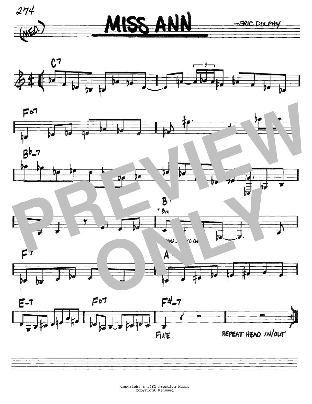 Eric Dolphy Miss Ann sheet music notes and chords arranged for Real Book – Melody & Chords – Bass Clef Instruments