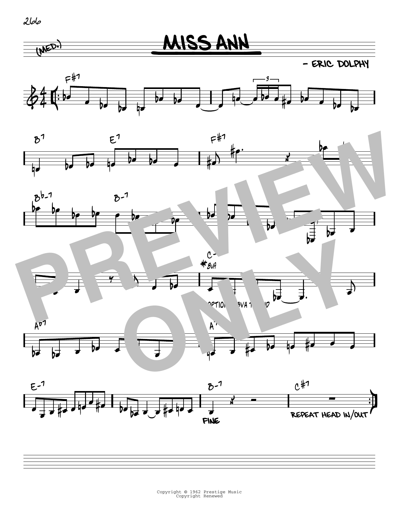 Eric Dolphy Miss Ann [Reharmonized version] (arr. Jack Grassel) sheet music notes and chords arranged for Real Book – Melody & Chords