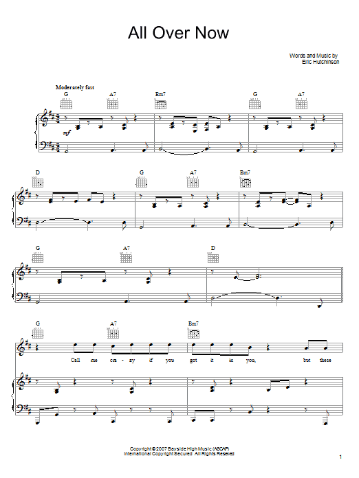 Eric Hutchinson All Over Now sheet music notes and chords arranged for Piano, Vocal & Guitar Chords (Right-Hand Melody)